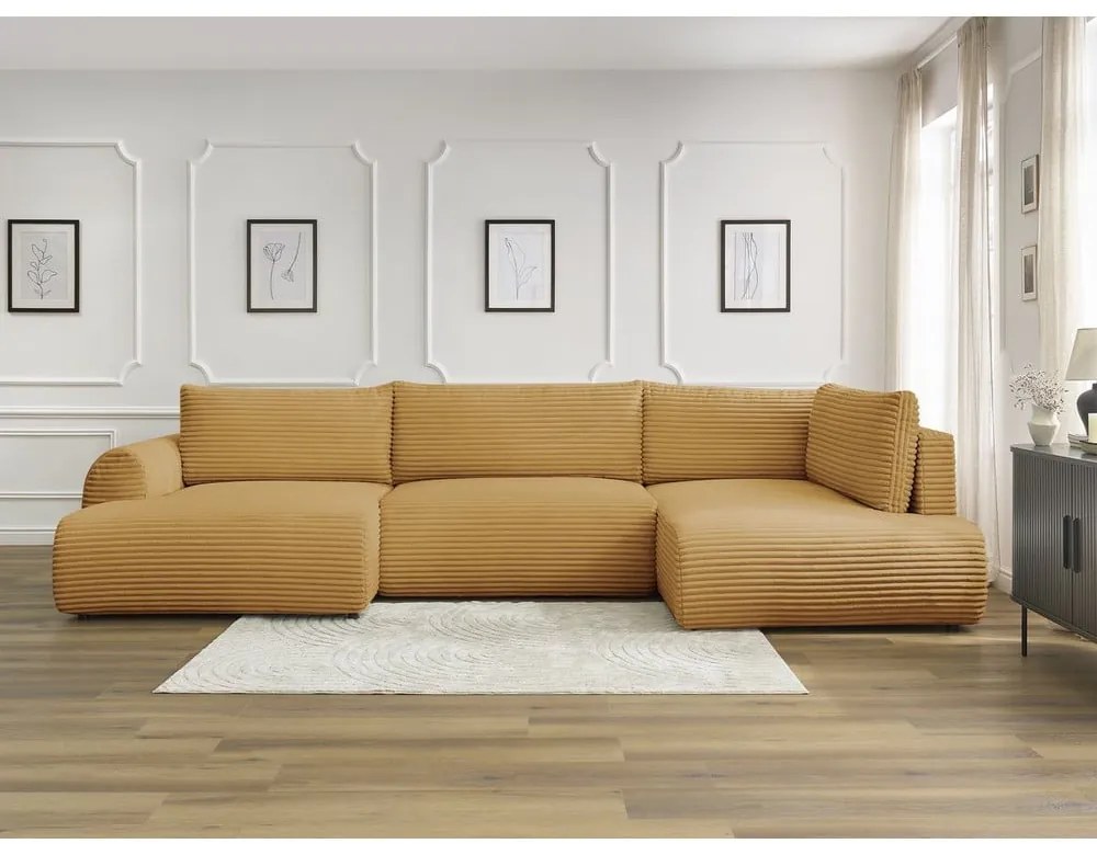 Colțar galben muștar extensibil/cu spațiu de depozitare cu tapițerie din catifea reiată (cu colț pe partea dreaptă/în formă de "U") Lucien – Bobochic Paris