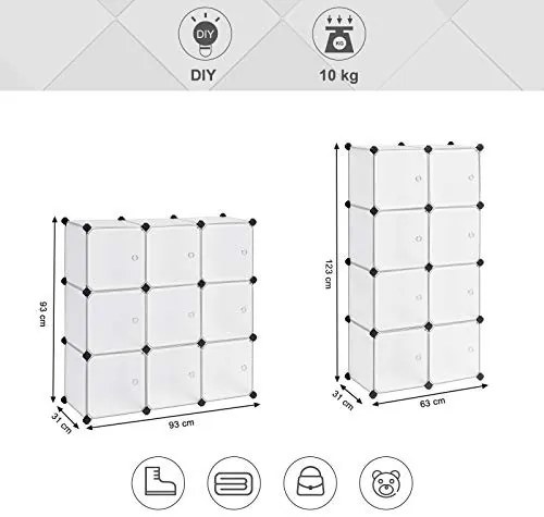 Set 9 cuburi modulare din plastic pentru depozitare, Songmics, Negru-Alb, 93x31x93 cm