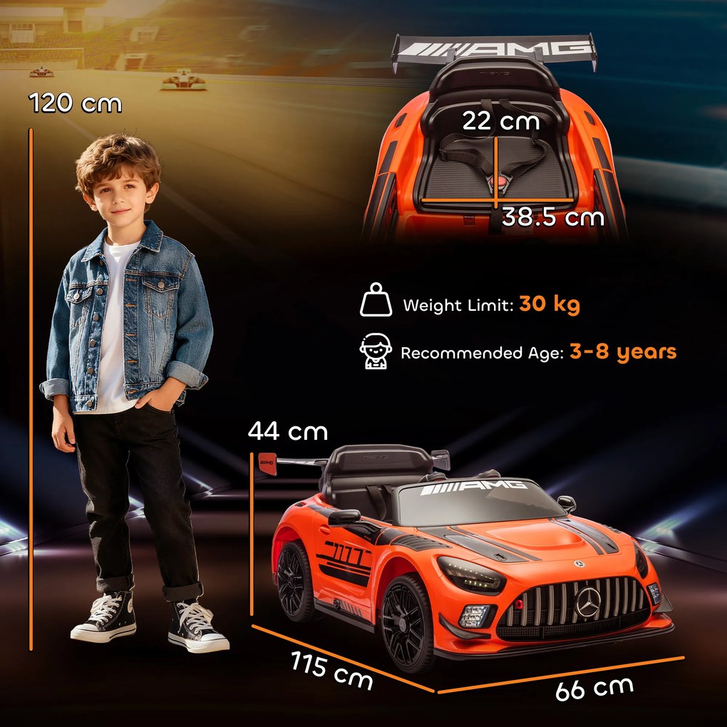 AIYAPLAY Mașină Electrică Copii 3-8 Ani Mercedes-AMG 12V cu Telecomandă, Lumini LED, Roți de Transport, Portocaliu | Aosom Romania