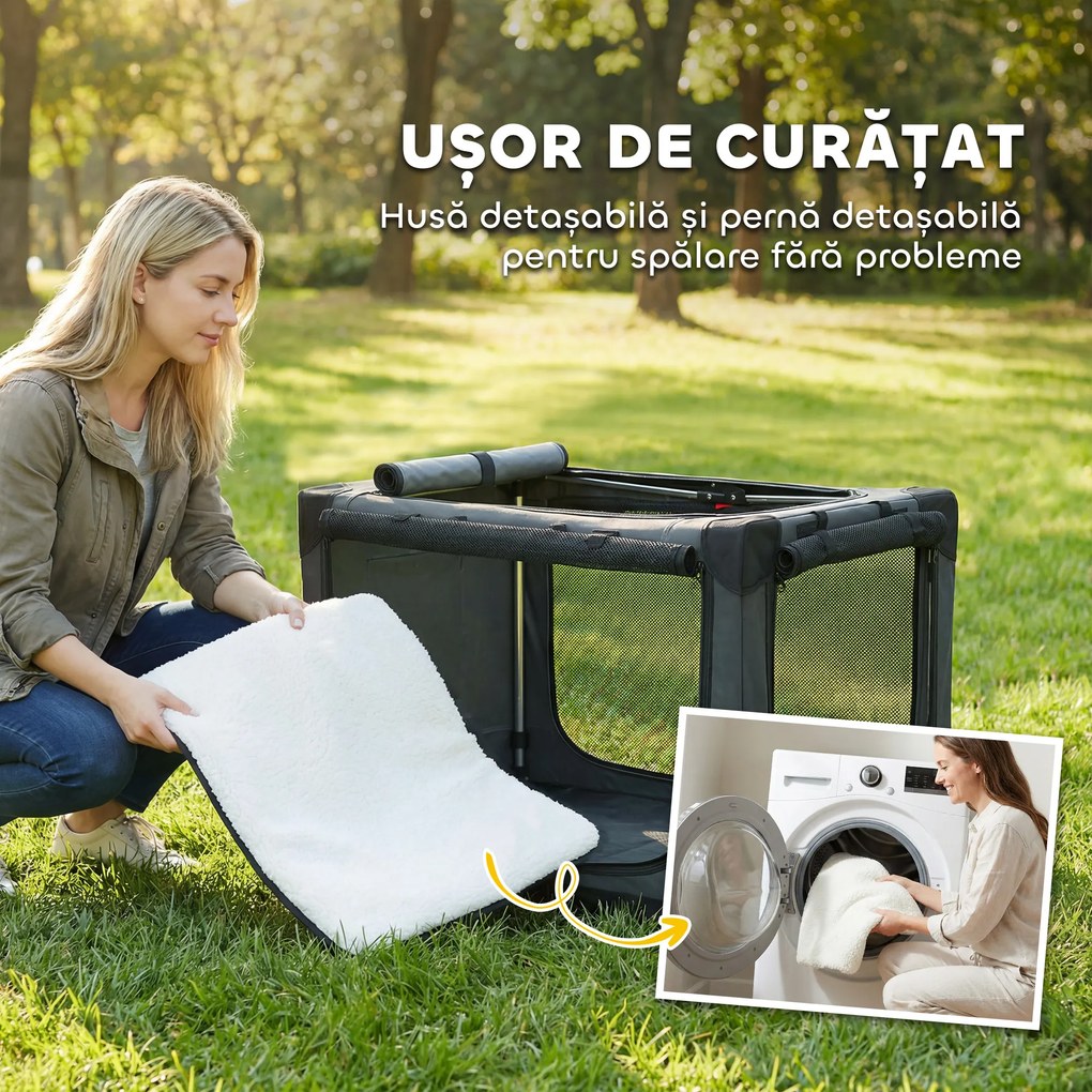 PawHut Cușcă de Transport Pliabilă pentru Câini și Pisici cu Pernă, Husă Lavabilă, Uși, din Oxford Respirabil 600D, 76x54x54 cm, Verde | Aosom Romania