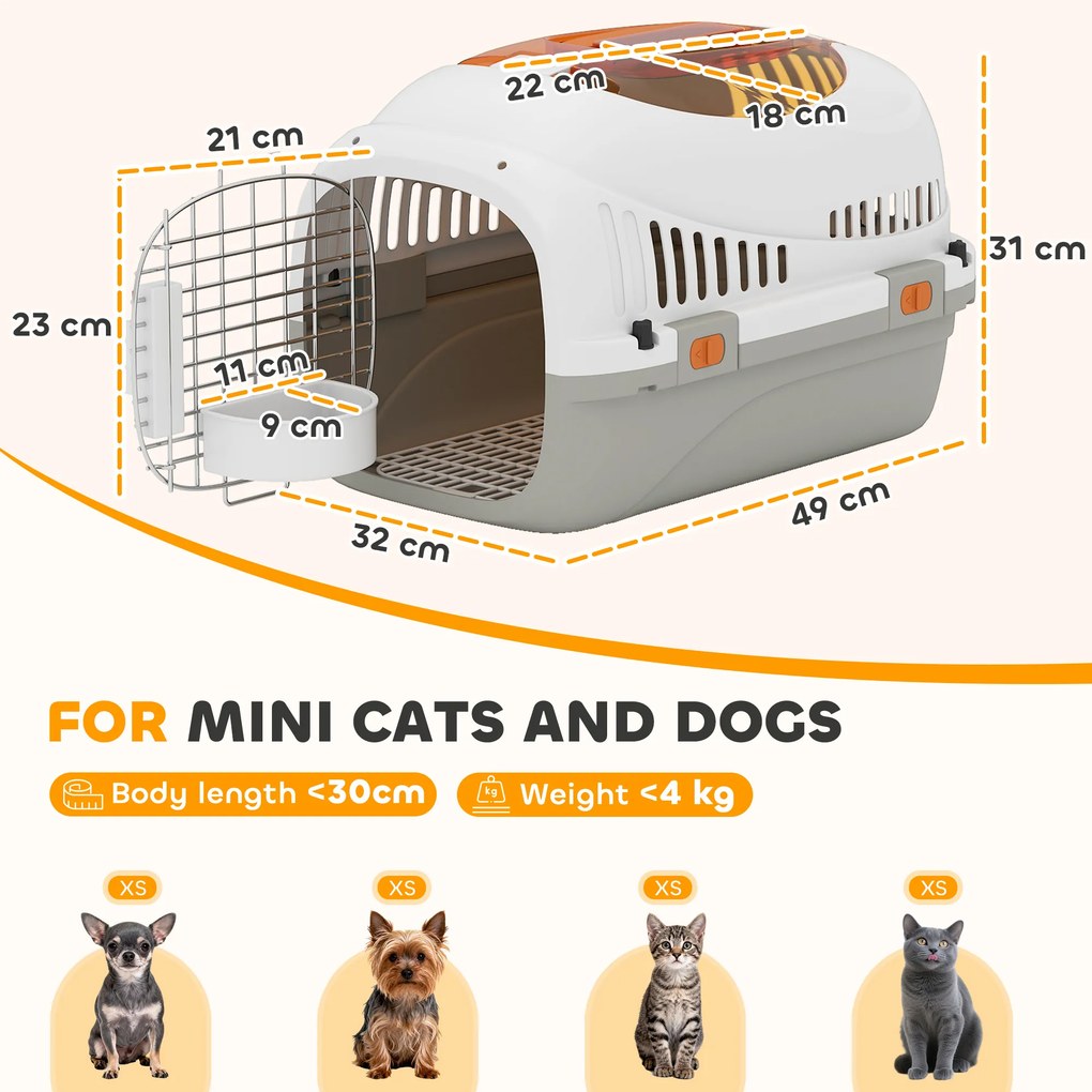 PawHut Transportor pentru Pisici și Câini Mici din Plastic, cu Fereastră Superioară, Ușă din Oțel, Bol pentru Hrană, pentru Animale max 4 kg, 49x32x31 cm, Gri | Aosom Romania