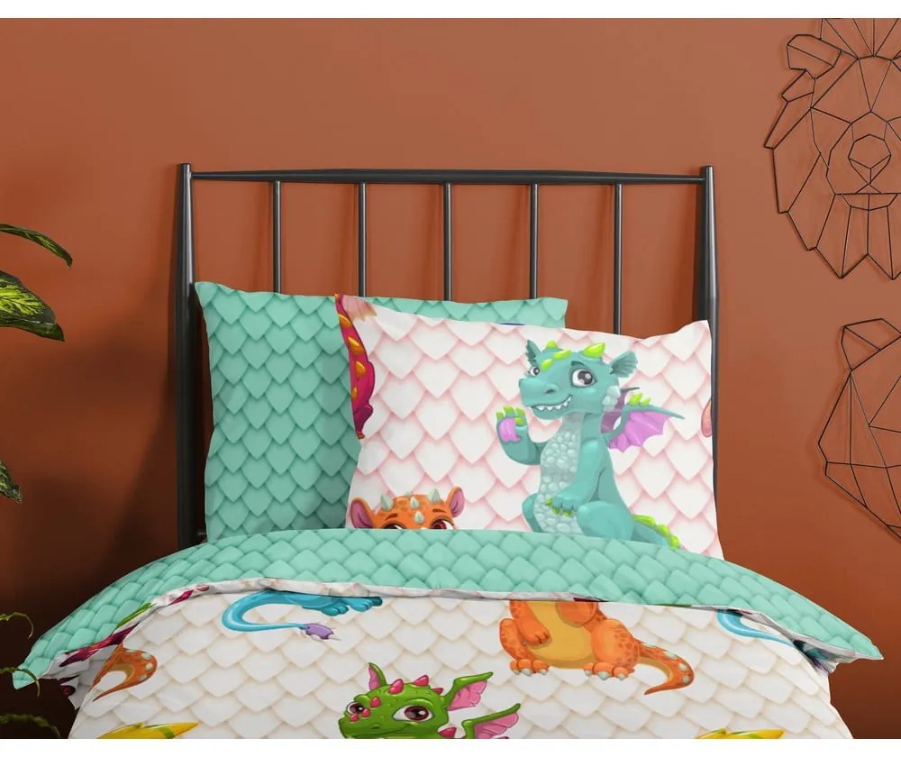 Lenjerie de pat pentru copii din bumbac pentru pat de o persoană, extinsă 140x220 cm Dragons – Good Morning