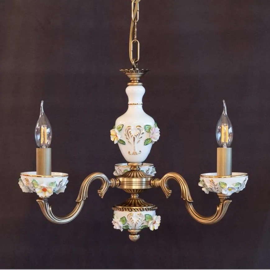 Lustra design italian cu 3 brate din alama si portelan colorat 9951