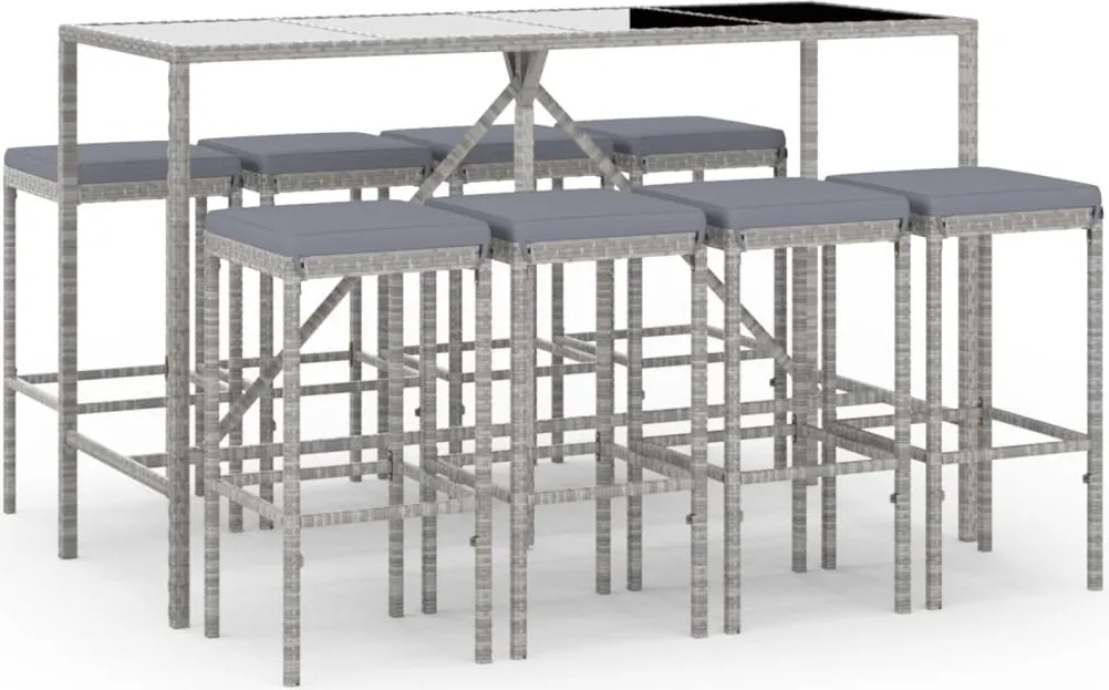 vidaXL Set mobilier bar de grădină, cu perne, 9 piese, gri, poliratan