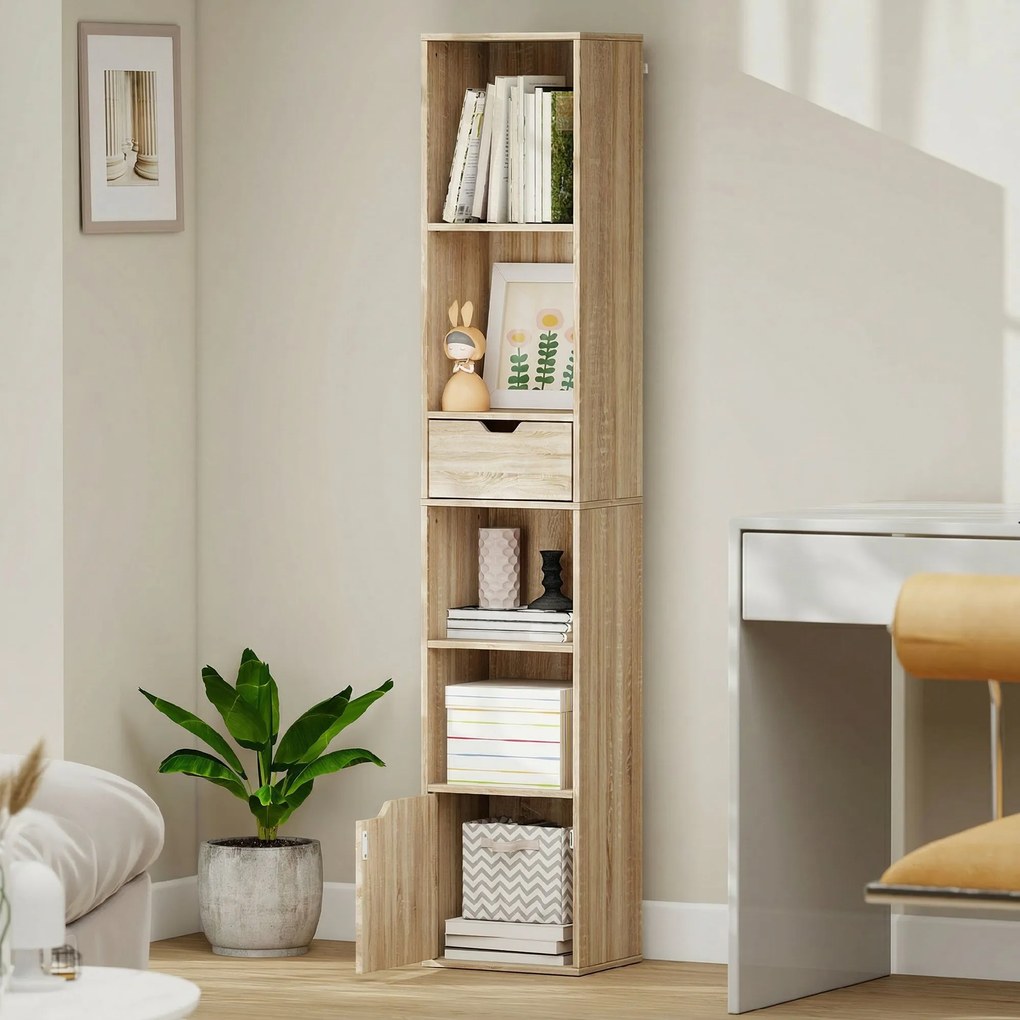 HOMCOM Raft Bibliotecă cu 4 Nivele Deschise, cu Dulap și Sertar, 30x24x158 cm, Lemn Natural | Aosom Romania