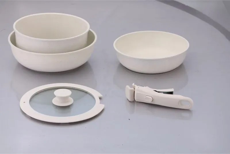 Set oale și tigăi cu mâner detașabil Goldmann GM-1005, 5 piese, Inducție, Finisaj marmură, Bej