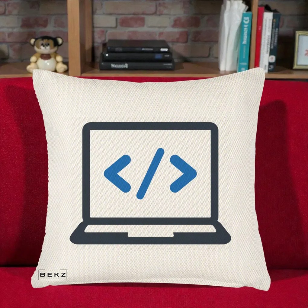 Perna Personalizata Laptop Cod HTML, 40x40 cm, Crem Reliefat, Husa Detasabila, Perna Inclusa, BEKZ®