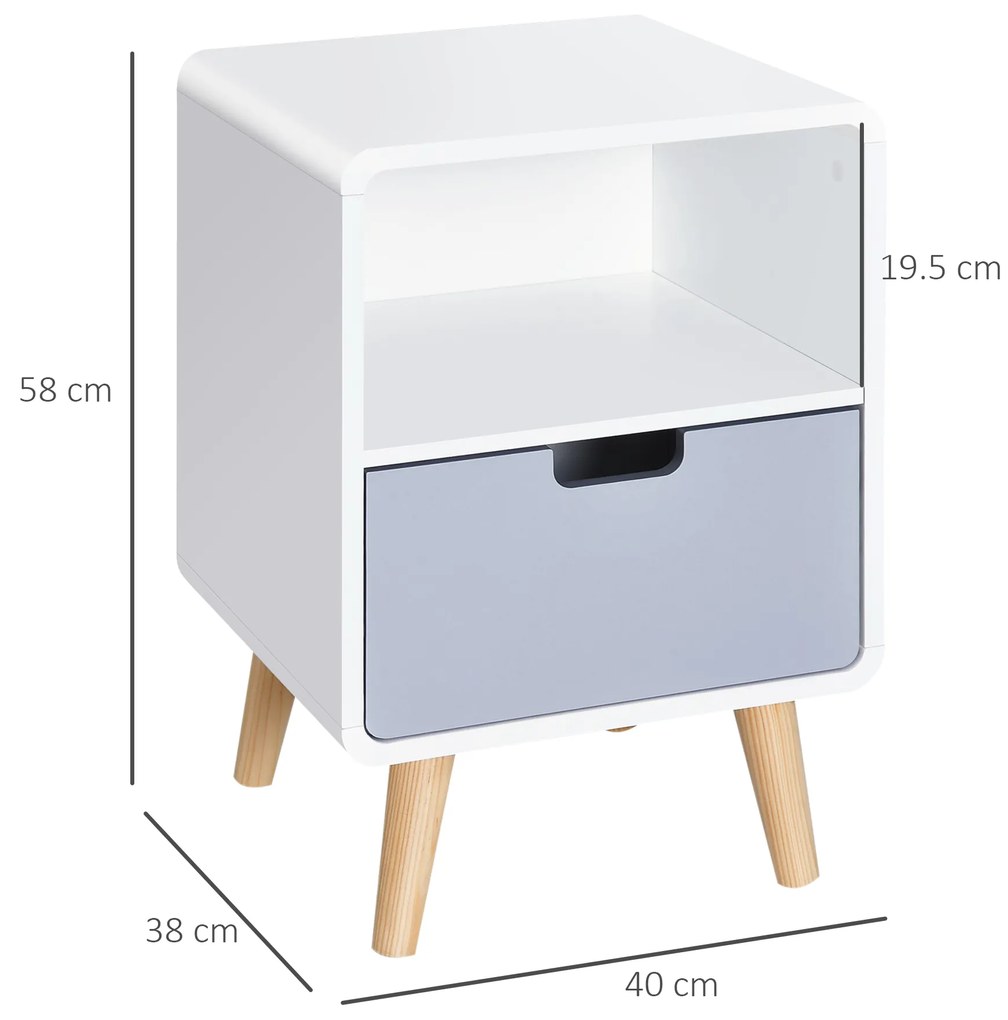 Noptiera HOMCOM cu Sertar stil Nordic din MDF si Lemn de Brad, 40x38x58 cm | Aosom Romania