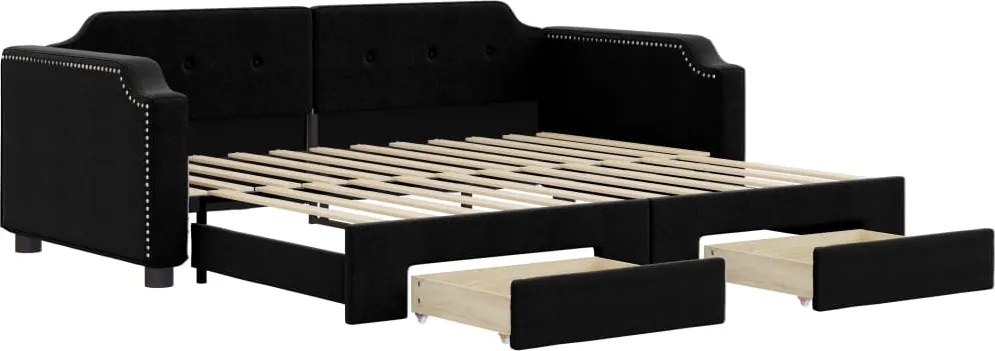 vidaXL Pat de zi cu extensie și sertare, negru, 90x200 cm, textil