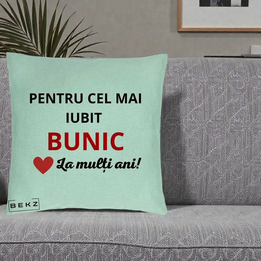 Cadou pentru Bunic - Perna Personalizata Pentru Cel Mai Iubit Bunic La Multi Ani Rosu, 40x40 cm, Verde Menta, Husa Detasabila, Perna Inclusa, BEKZ®