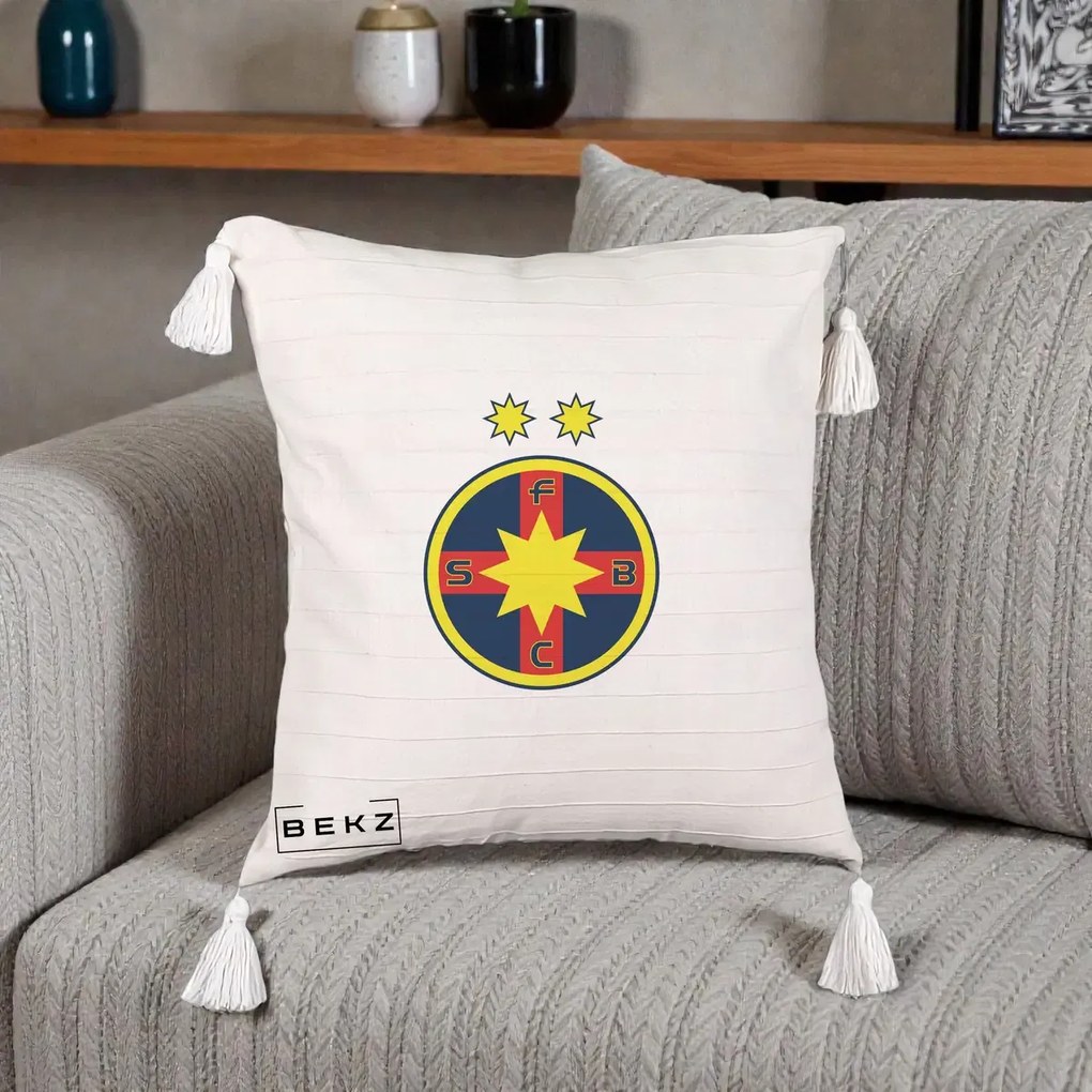 Perna Personalizata FCSB Fotbal Club Steaua Bucuresti, 40x40 cm, Bej cu Franjuri, Husa Detasabila, Perna Inclusa, BEKZ®
