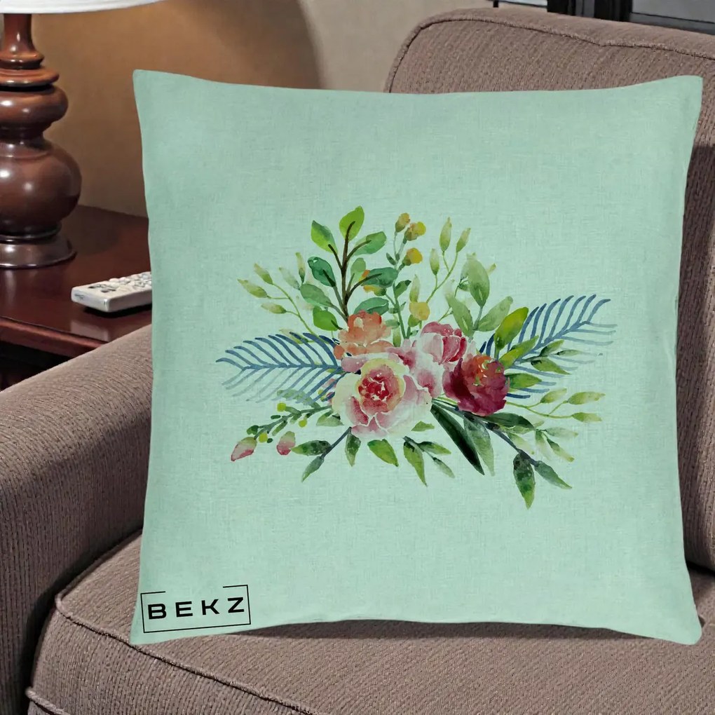 Perna Decorativa Buchet Flori Acuarela Roz-Verde, 40x40 cm, Verde Menta, Husa Detasabila, Perna Inclusa, BEKZ®