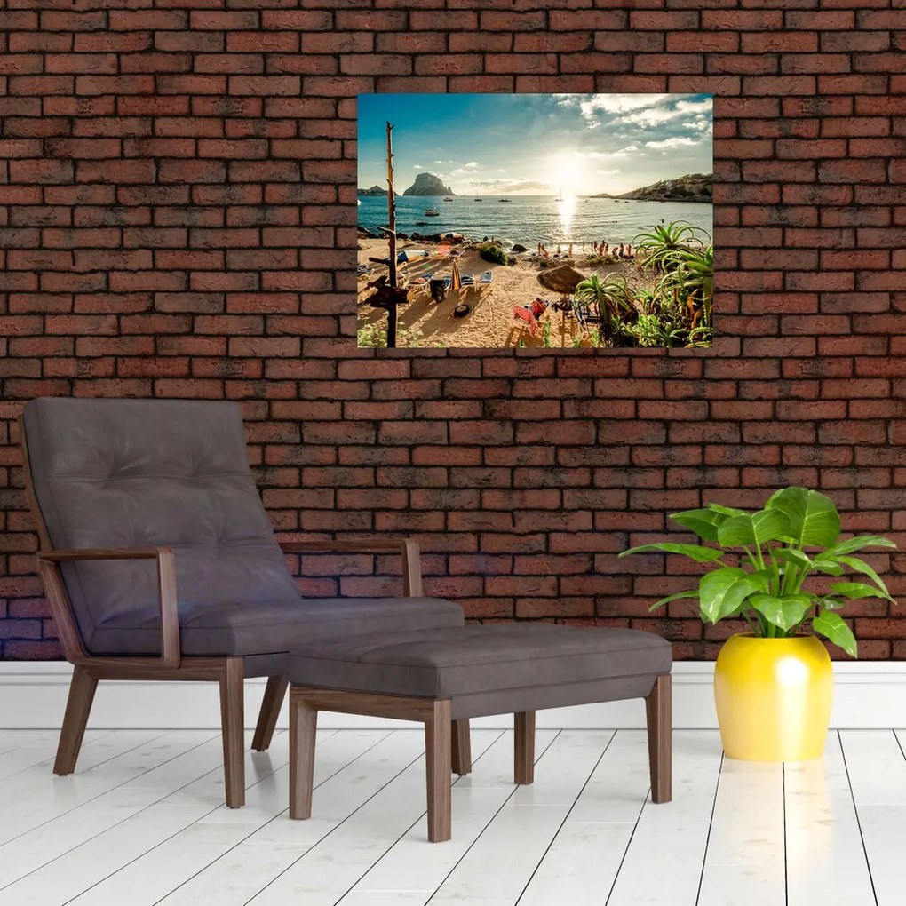Tablou pe sticlă - Plajă cu oameni (70x50 cm)