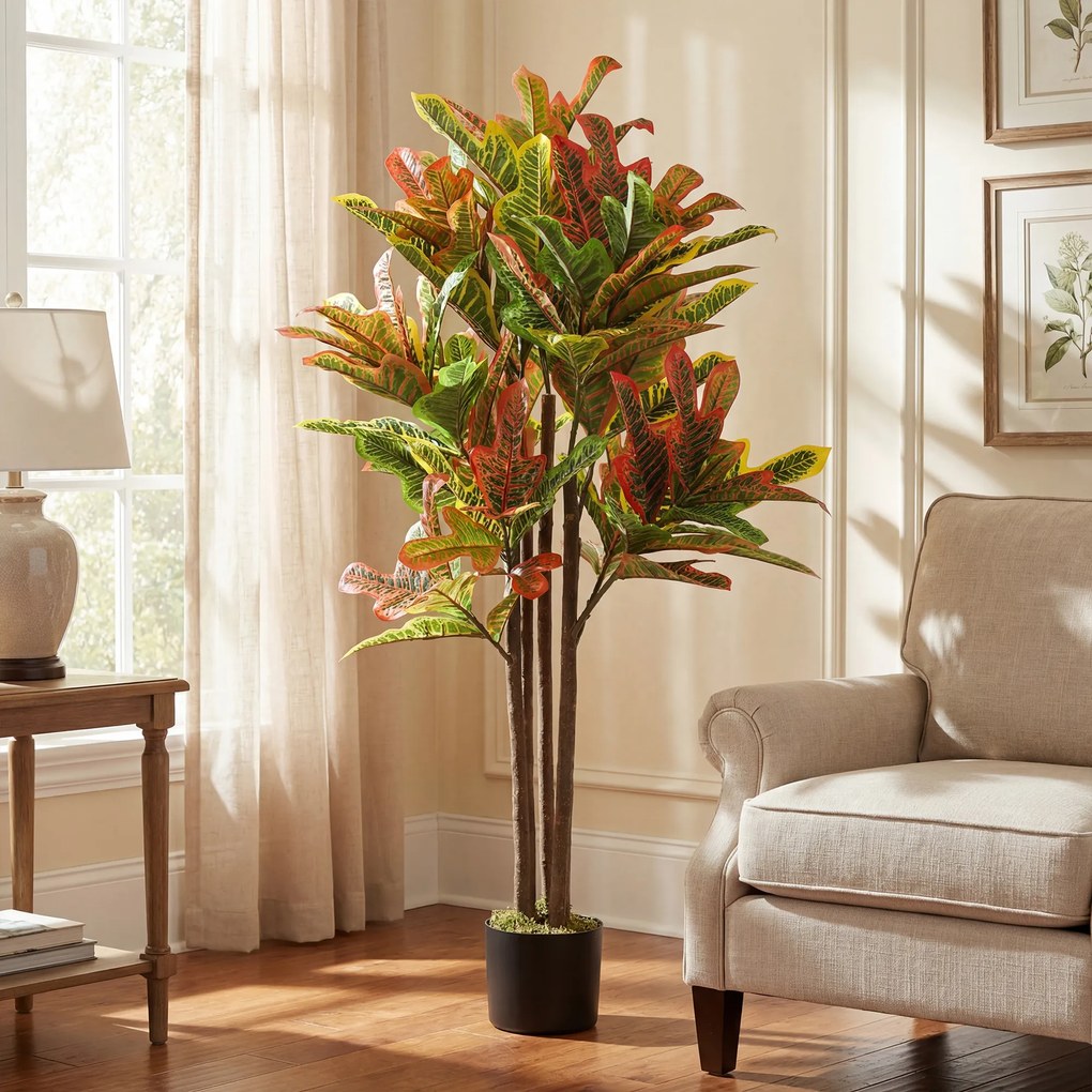 HOMCOM Plantă Artificială Croton cu 139 Frunze Modelabile și Ghiveci Alb din PP și Ciment, Plantă Falsă din PEVA și Lemn, 55x55x120 cm, Multicolor | Aosom Romania