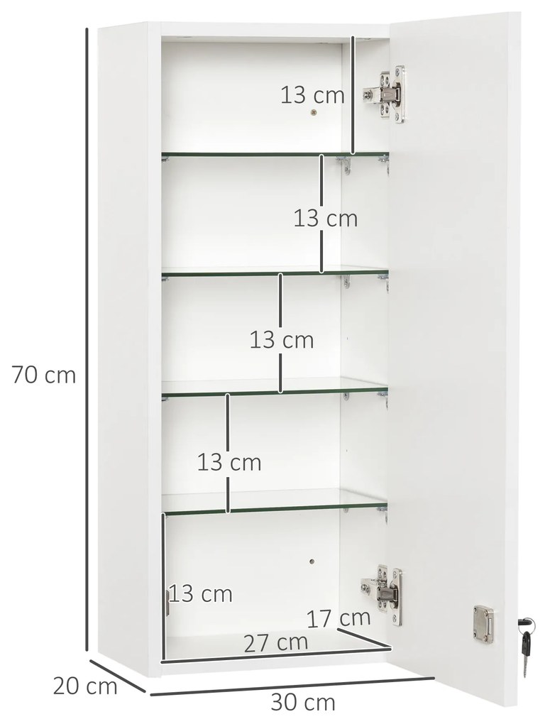 Dulapior de Perete pentru Medicamente cu Încuietoare, 5 Niveluri si Rafturi Reglabile, din Lemn si Sticla, Alb 30x20x70cm Kleankin | Aosom Romania