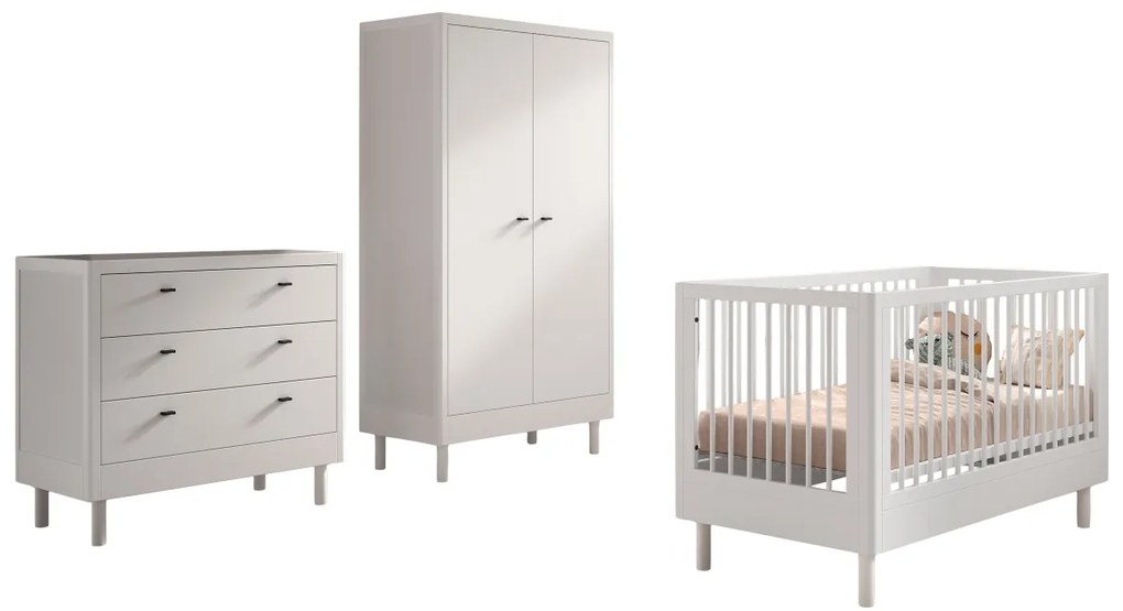 Set Complet Mobilier Cameră Bebelus Forrest Oak, din Lemn Masiv de Stejar, Alb: Pătuț Convertibil (70x140 cm), Comodă cu 3 Sertare și Dulap cu 2 Uși