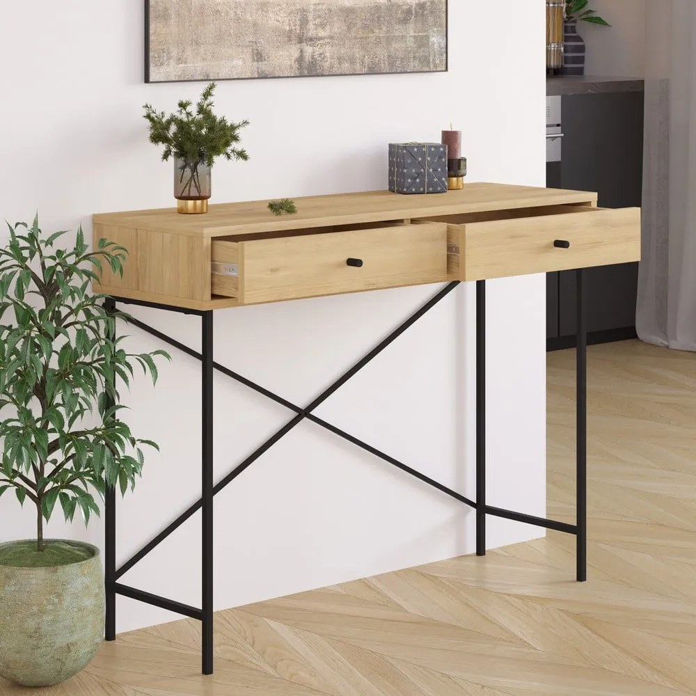 Masă consolă în culoare naturală cu blat cu aspect de lemn de stejar 35x110 cm Titan – Marckeric