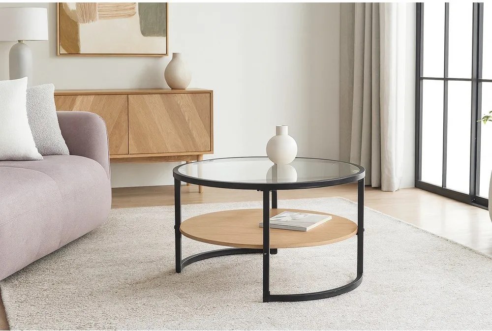 Măsuță de cafea neagră/în culoare naturală rotundă cu aspect de lemn de stejar ø 68 cm Zanu – Bonami Essentials