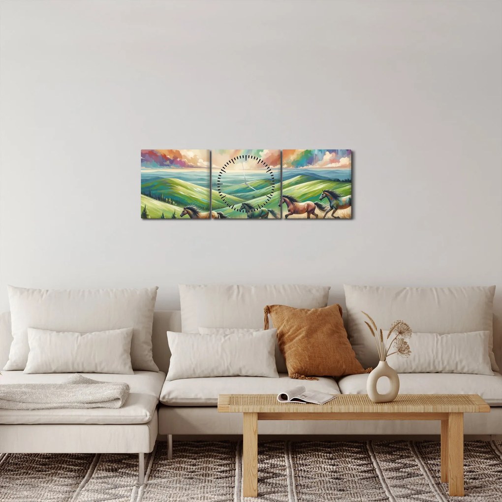 Tablou – Cai galopând prin peisaj (cu ceas) (90x30 cm)