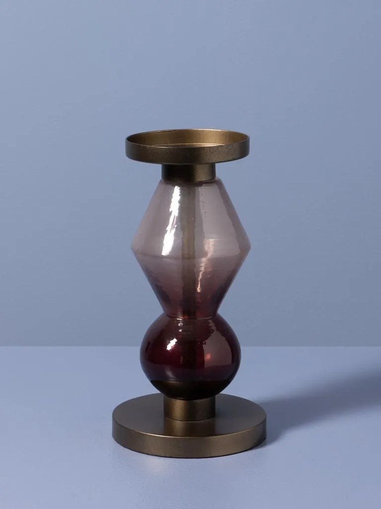 Sfeșnic din sticlă și metal, vișiniu-auriu antichizat, structură sculpturală etajată, finisaj patinat, 23×12 cm, „Astrolab"