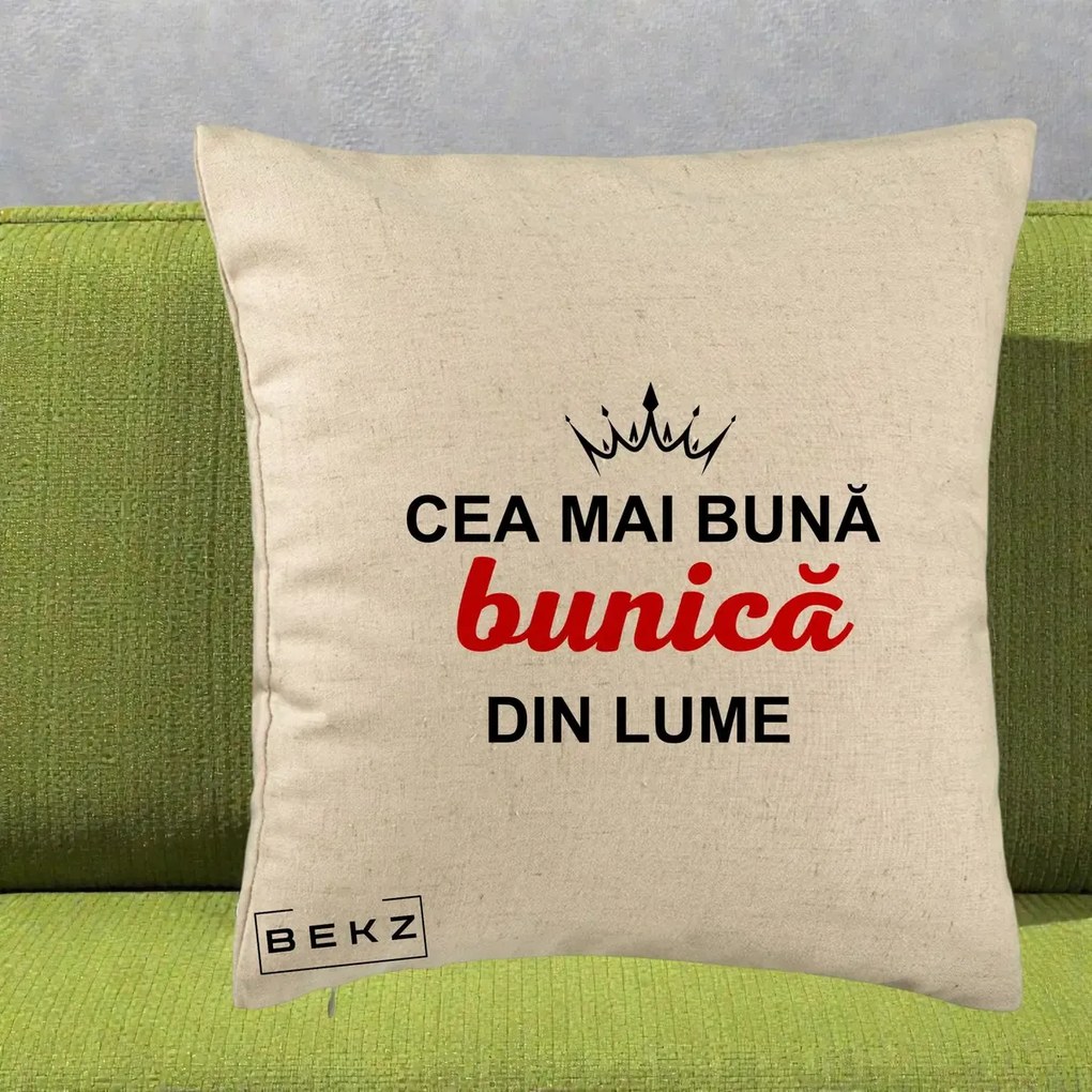 Cadou pentru Bunica - Perna Personalizata Cea Mai Buna Bunica Din Lume Coroana Neagra, 40x40 cm, Bej, Husa Detasabila, Perna Inclusa, BEKZ®
