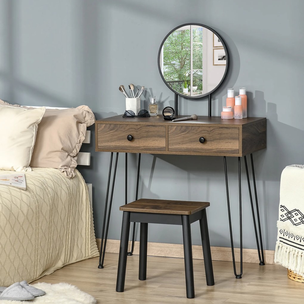 HOMCOM Masa de Machiaj in Stil Industrial, Set Masa de Toaleta cu Taburet si Oglinda de Machiaj, Postatie de Machiaj din Lemn si Metal pentru cameră