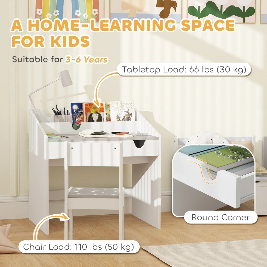 Set AIYAPLAY de Scaun și Masă pentru Copii 3-6 Ani cu Organizator și Sertar Retractabil, din Lemn Gri | Aosom Romania