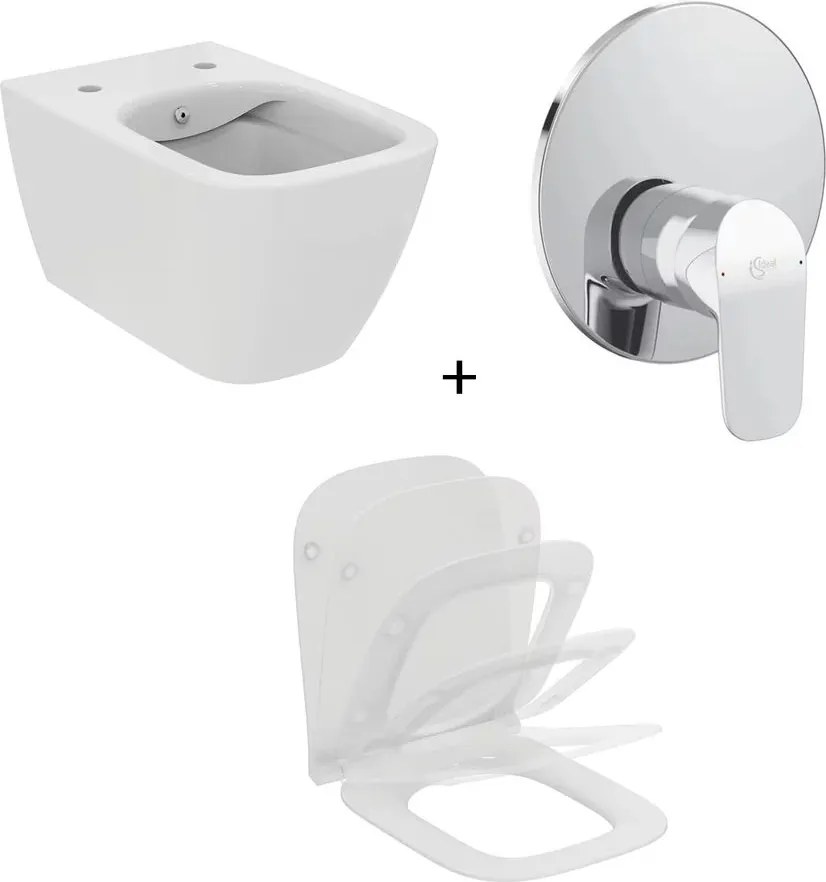 Set vas WC suspendat Ideal Standard I.life B cu functie bideu alb plus capac slim softclose si baterie