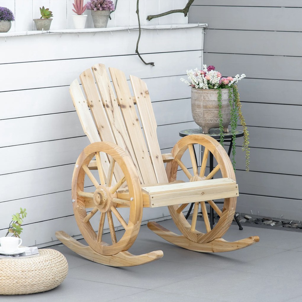 Outsunny Fotoliu de Grădină Adirondack cu Leagan Rocking Chair Stil Rustic Șic brațe Roți de Căruță Lemn de Brad Natural | Aosom Romania