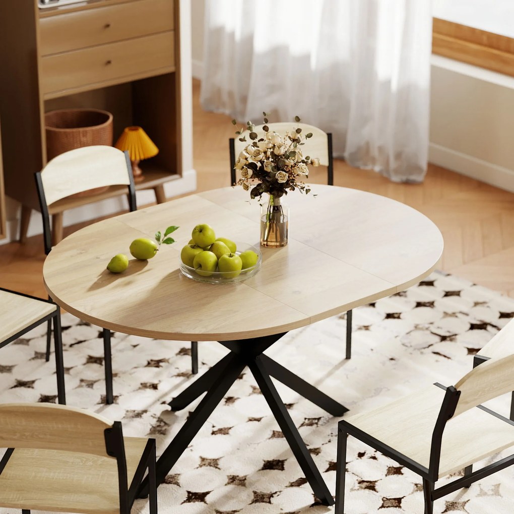 HOMCOM Extendable Dining Table for 4-6, 100-135 cm Industrial Kitchen Table with Butterfly Leaf and X-Shape Base, Round to Oval for Dining Room, Living Room, Natural Wood Finish | Aosom Romania