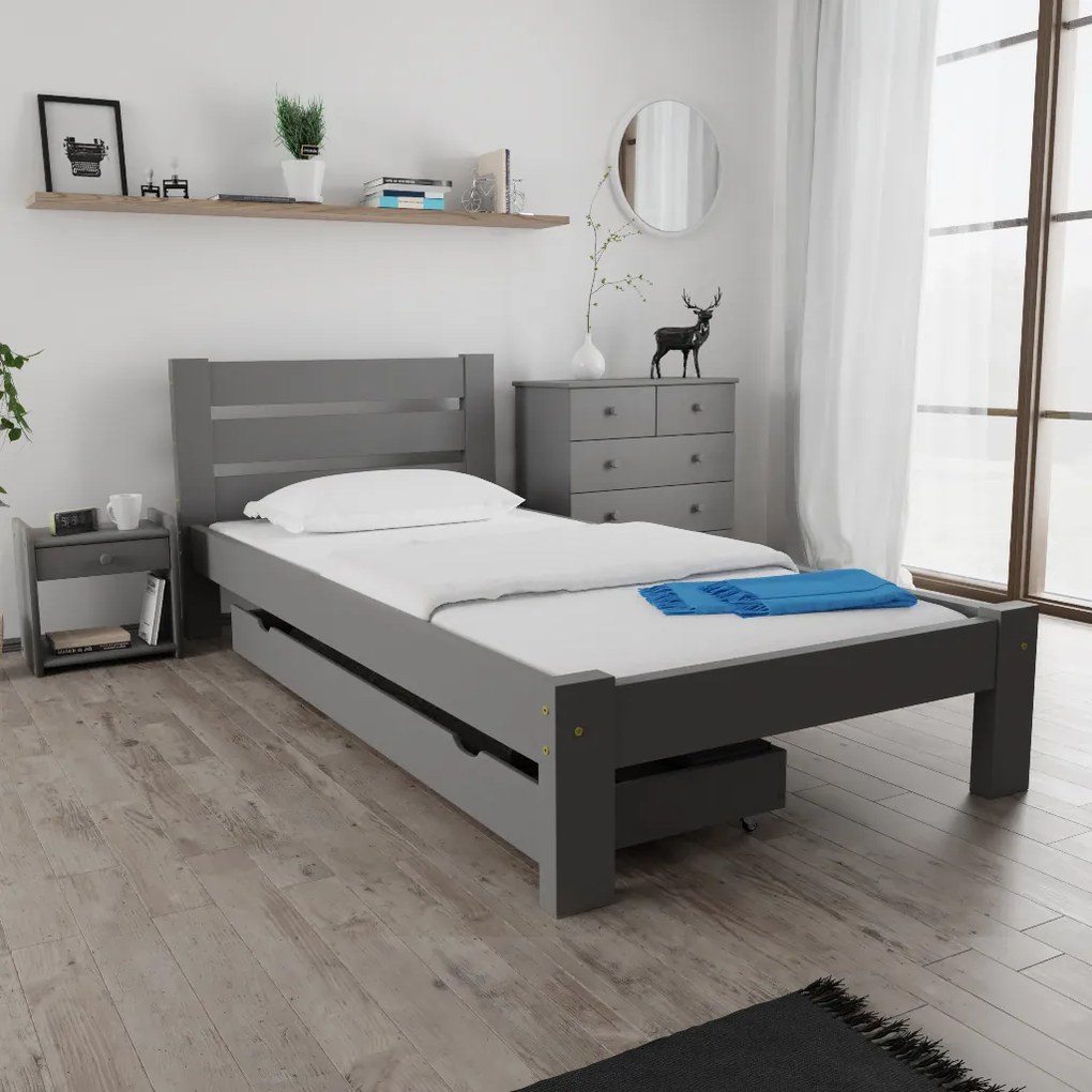 Pat Amelia 90 x 200 cm, gri Saltele: Cu saltele Coco Maxi 19 cm, Somiera pat: Cu lamele drepte