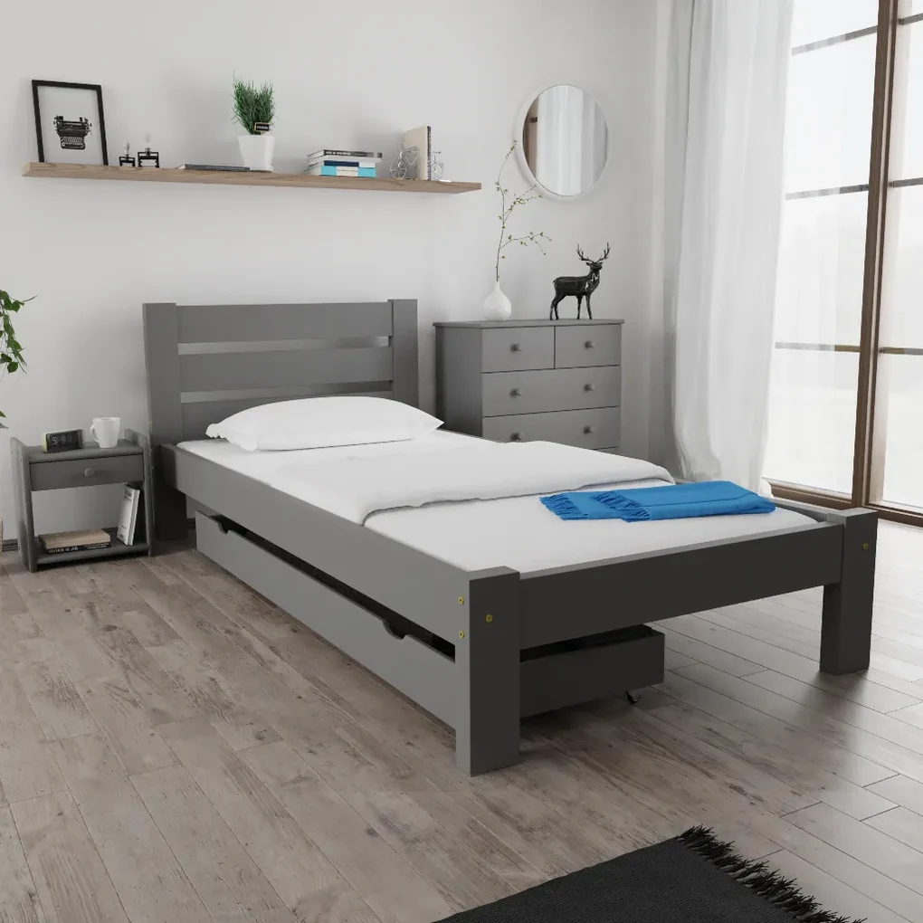 Pat Amelia 90 x 200 cm, gri Saltele: Cu saltele Somnia 17 cm, Somiera pat: Cu lamele drepte