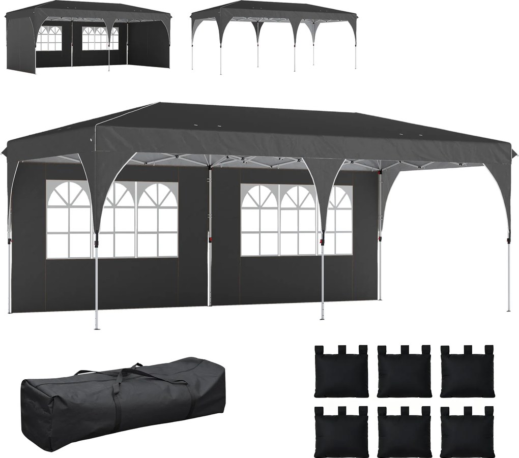 Outsunny Cort Pliabil 6x3 m cu Benzi Reflectorizante UPF 50+ Montaj Ușor Sistem Central de Blocare Impermeabil Gri închis | Aosom Romania