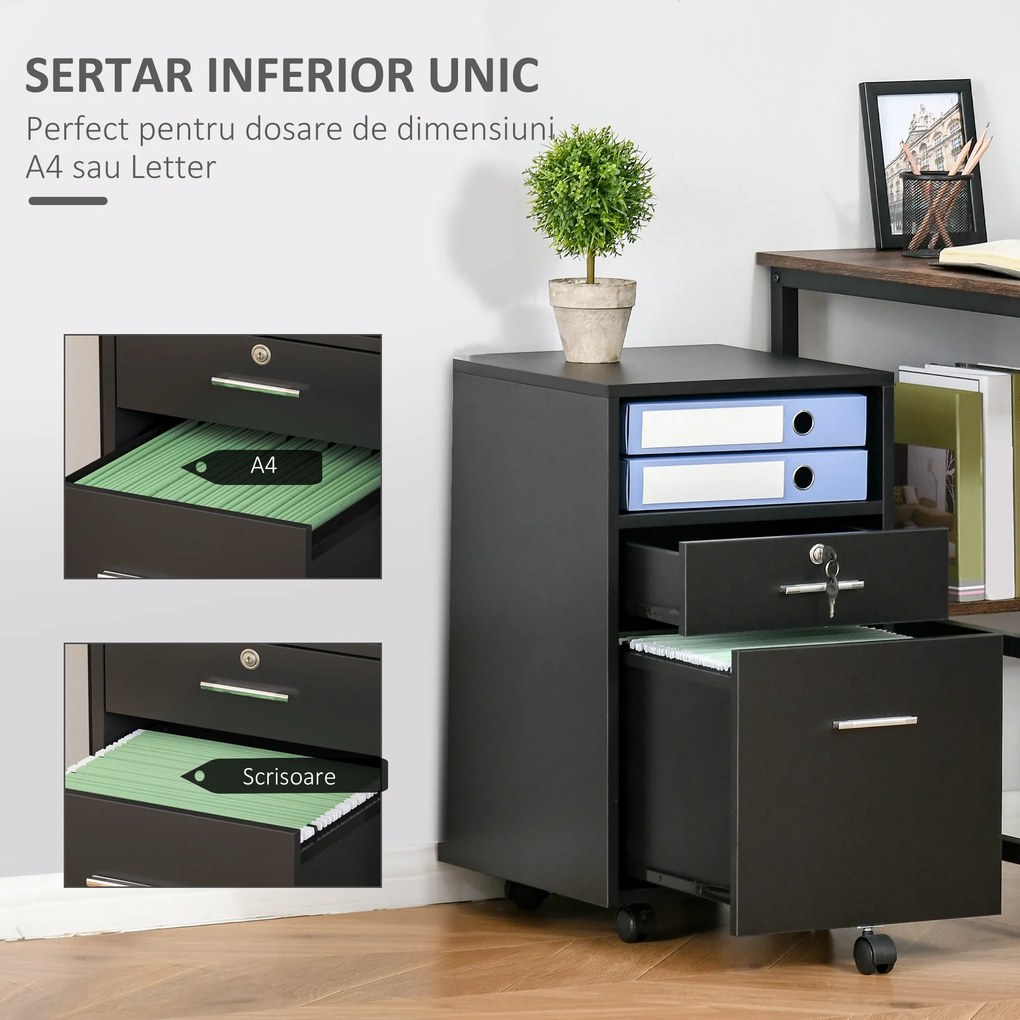 Vinsetto Comodă de Birou cu 2 Sertare și Raft Deschis, Mobilier cu 5 Rotile, Încuietoare și 2 Chei, 39x40x65 cm, Negru | Aosom Romania