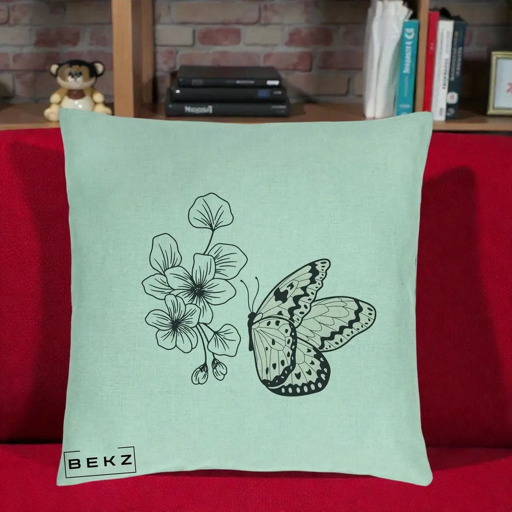Perna Decorativa Fluture si Flori Linie Monocroma, 40x40 cm, Verde Menta, Husa Detasabila, Perna Inclusa, BEKZ®