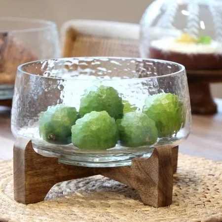 Platou pentru servire cu bază din lemn de mango și capac din sticlă, H16,5/D20 cm