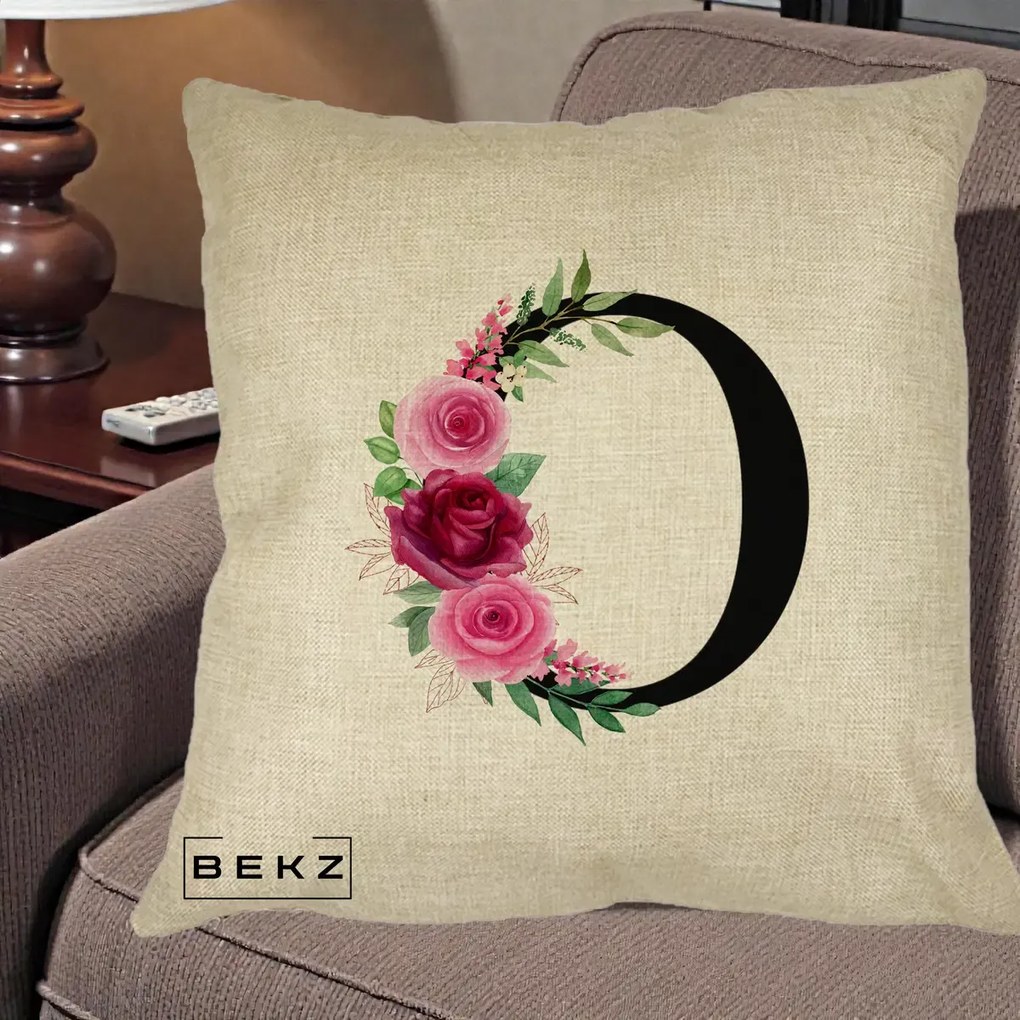 Cadou Personalizat - Perna Personalizata Monograma Florala Litera O, 40x40 cm, Crem, Husa Detasabila, Perna Inclusa, BEKZ®