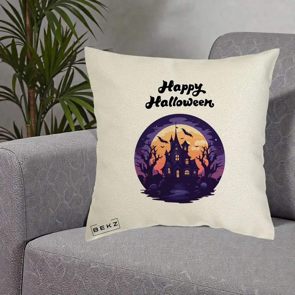 Perna Decorativa Happy Halloween Casa Bantuita Violet, 40x40 cm, Ecru, Husa Detasabila, Perna Inclusa, BEKZ®