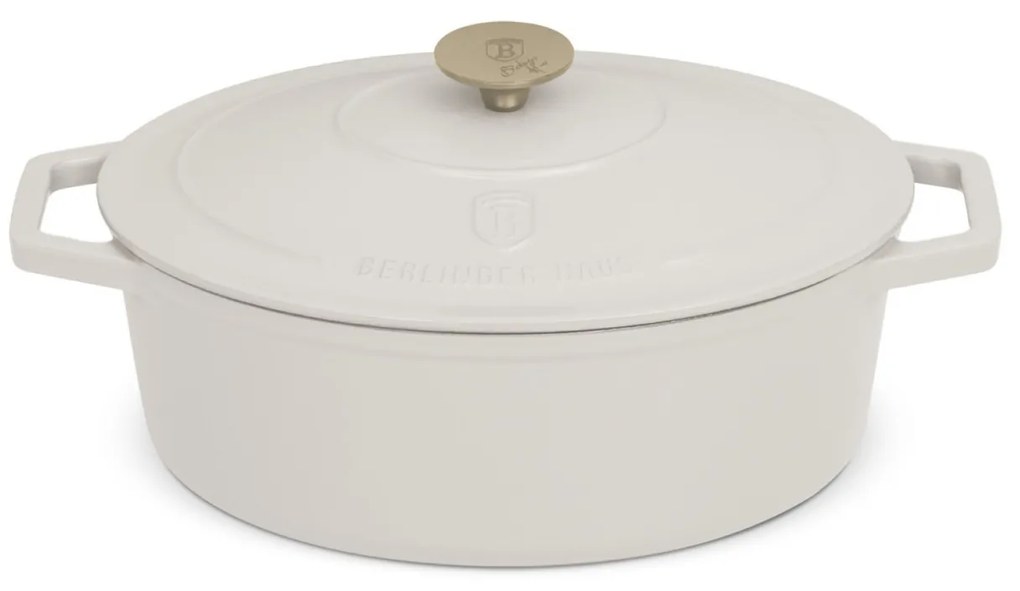 RESIGILAT - Oală din fontă emailată ovală cu capac 30 cm, 4.65L – Berlinger Haus Sahara Collection BH 6540, crem, pentru cuptor și coacere lentă