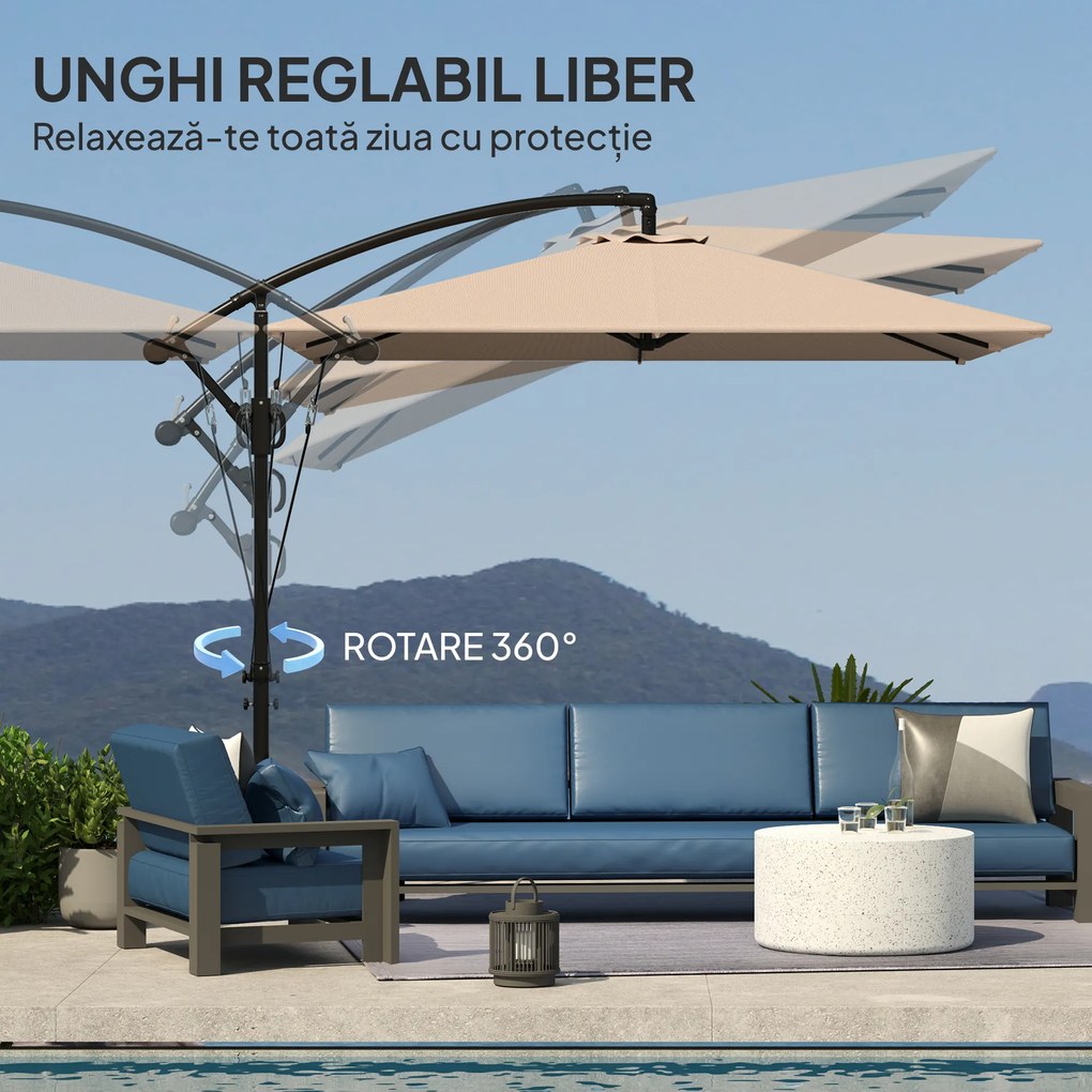 Outsunny Umbrelă Suspendată 2.5x2.5 m cu Acoperire, Corzi Antivânt, Bază în Cruce și Manivelă, Umbrelă de Grădină Inclinabilă și Rotativă 360° din Metal și Poliester 180 g/m², UV50+, Gri | Aosom Romania