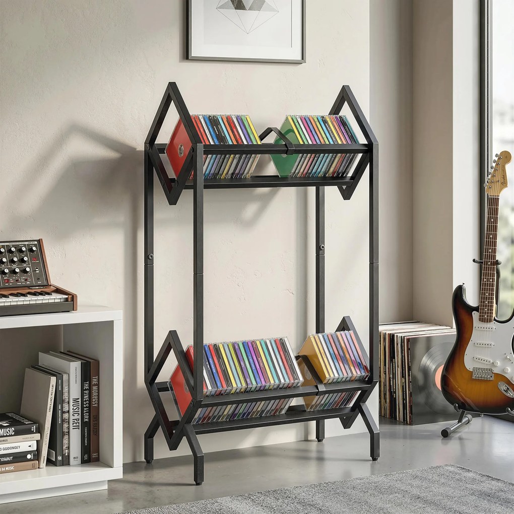 HOMCOM Organizator CD-uri pentru 50 CD-uri, Organizator Viniluri 2 Niveluri din Metal pentru DVD-uri, Cărți, Albume, Negru | Aosom Romania