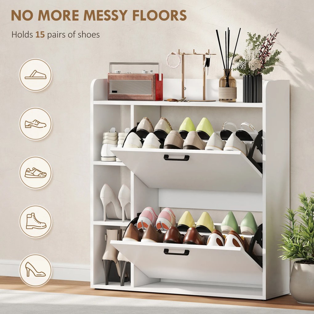 HOMCOM Dulap pentru pantofi slim cu 2 sertare rabatabile și 3 rafturi, Capacitate 15 perechi, 83x24x90.5 cm, Alb | Aosom Romania