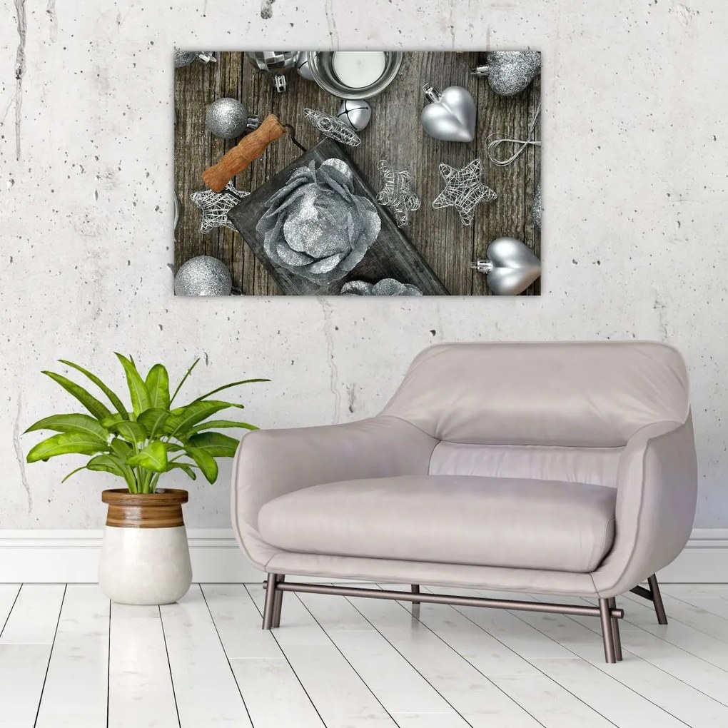 Tablou - decorațiuni argintii de Crăciun (90x60 cm)