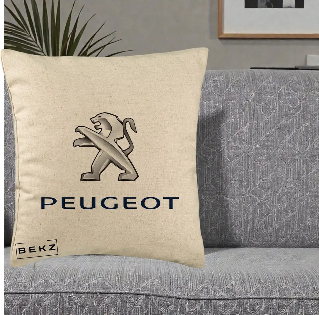 Perna Personalizata cu emblema Peugeot, 40x40 cm, Bej, Husa Detasabila, Perna Inclusa, BEKZ®