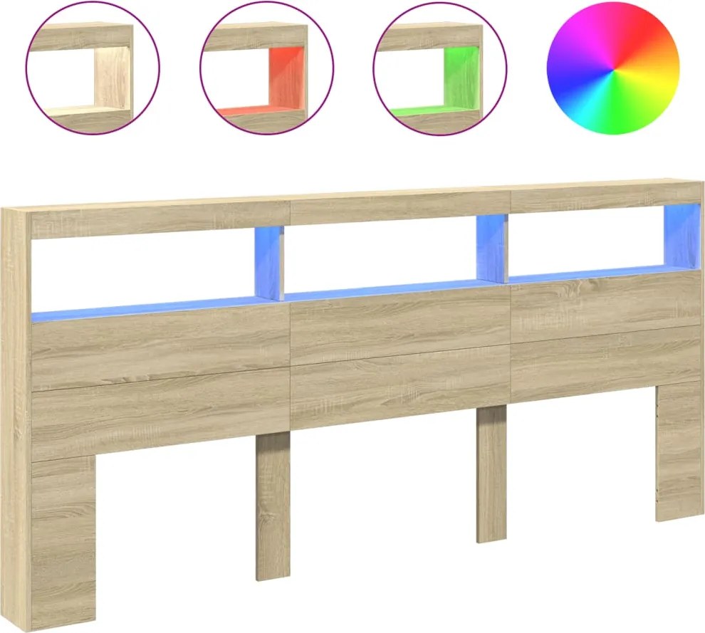 vidaXL Tăblie de pat cu dulap și LED, stejar sonoma, 220x17x102 cm