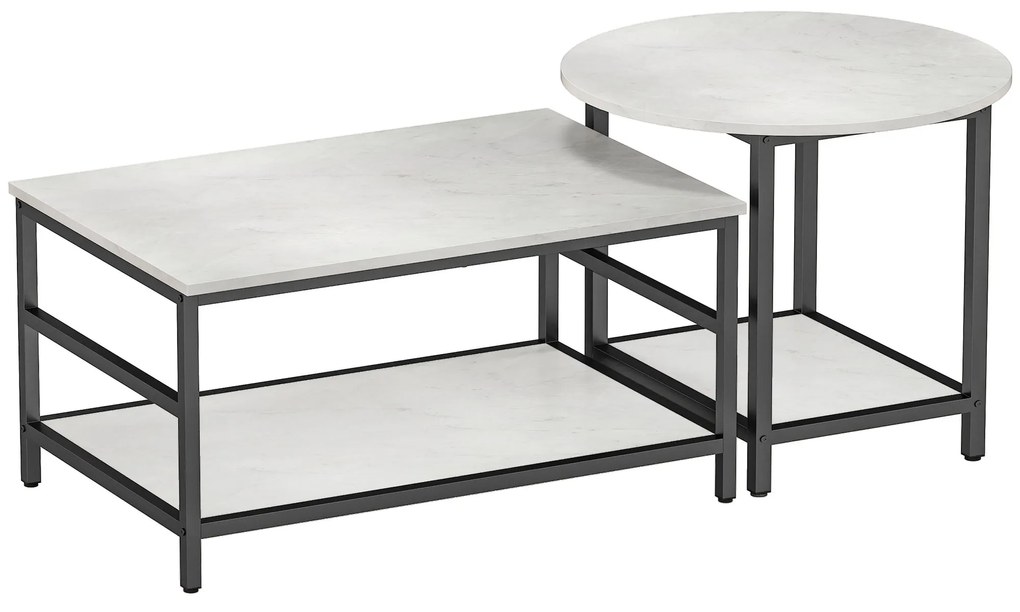 Set 2 Masute de Cafea cu 2 Niveluri din PAL si Otel, Masuta Dreptunghiulara si Masuta Rotunda cu Blat Efect Marmura, Alb si Negru HOMCOM | Aosom RO
