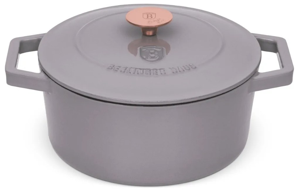 Oală din fontă emailată cu capac 24 cm, 4.35 L Berlinger Haus Taupe Collection BH 6525, distribuție termică excelentă, potrivită cuptor/plite