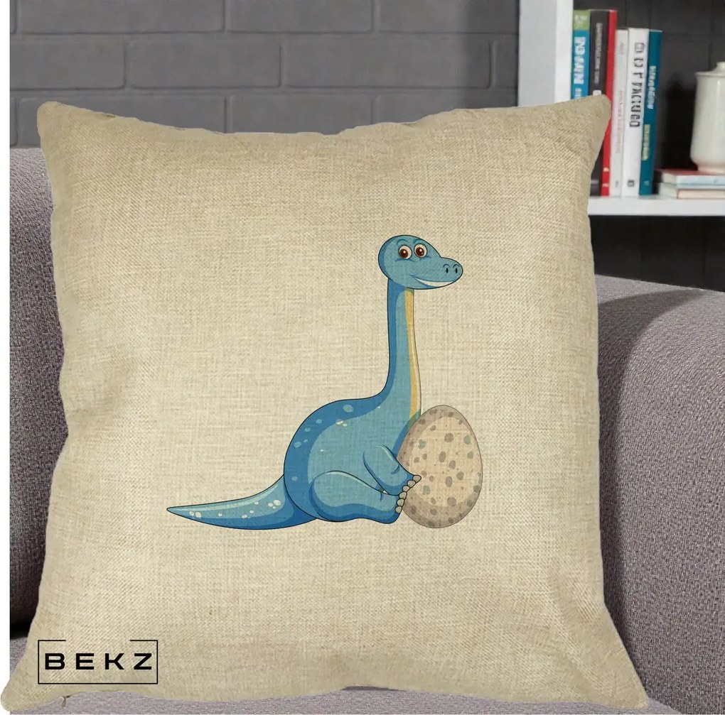 Perna Decorativa Brontosaur cu Ou, 40x40 cm, Crem, Husa Detasabila, Perna Inclusa, BEKZ®