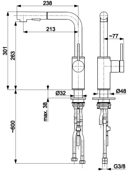 Baterie de chiuvetă cu cap de duș extractibil KFA Armatura 6623-110-22 DUERO BASIC oțel inoxidabil
