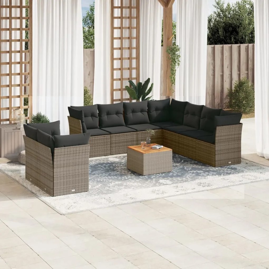 vidaXL Set mobilier de grădină cu perne, 10 piese, gri, poliratan